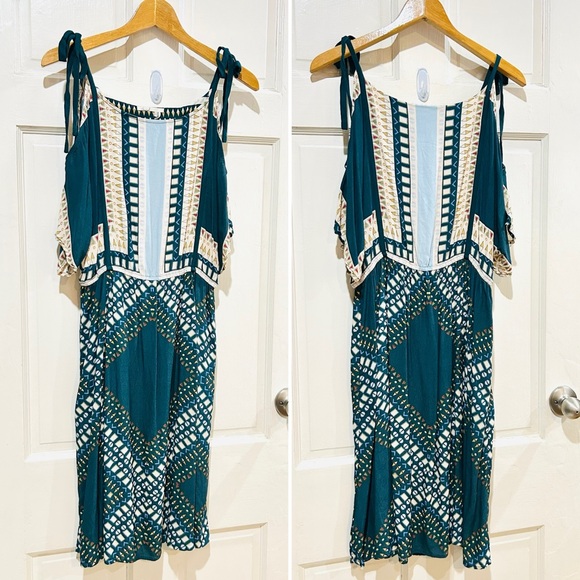 FLOREAT Anthropologie Teal Cold Shoulder Tribal Print Dress Elastic Waist 10P - Picture 5 of 7